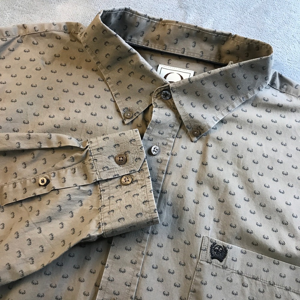 Cinch Outdoor Mens XXL Tan Antler Print Cotton Long Sleeve Button Down Shirt